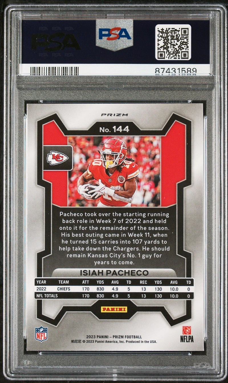 2023 Panini Prizm 144 Isiah Pacheco Black & White Checker PSA 10