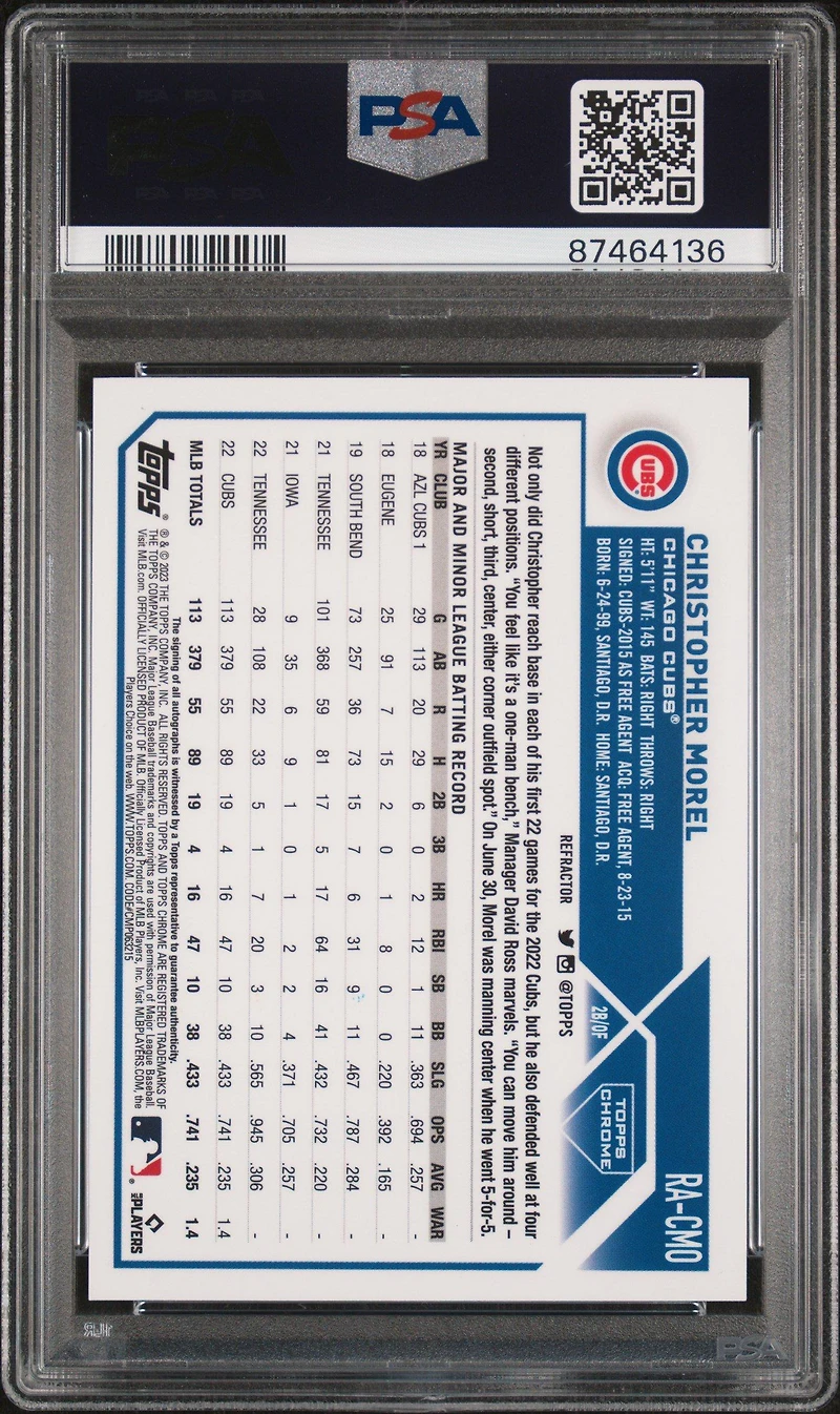 2023 Topps Chrome Rookie Autograph Racmo Christopher Morel Refractor PSA 9