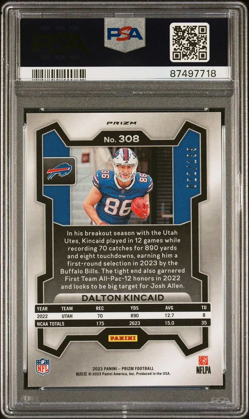 2023 Panini Prizm 308 Dalton Kincaid Blue Wave PSA 10
