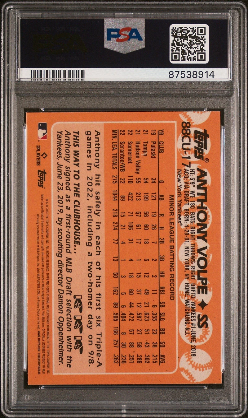 2023 Topps Chrome Update 1988 Topps Baseball 88cu17 Anthony Volpe PSA 10