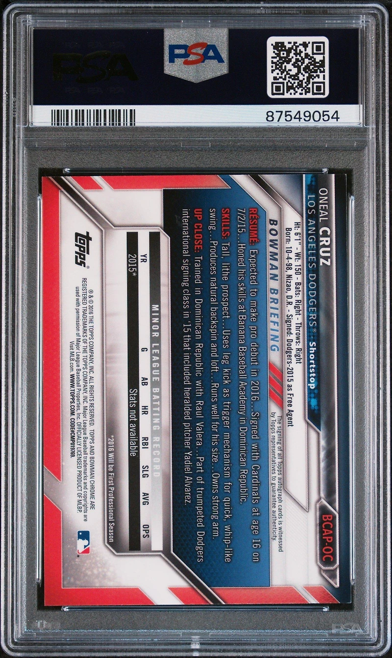 2016 Bowman Chrome Prospects Autographs Oc Oneal Cruz PSA 9