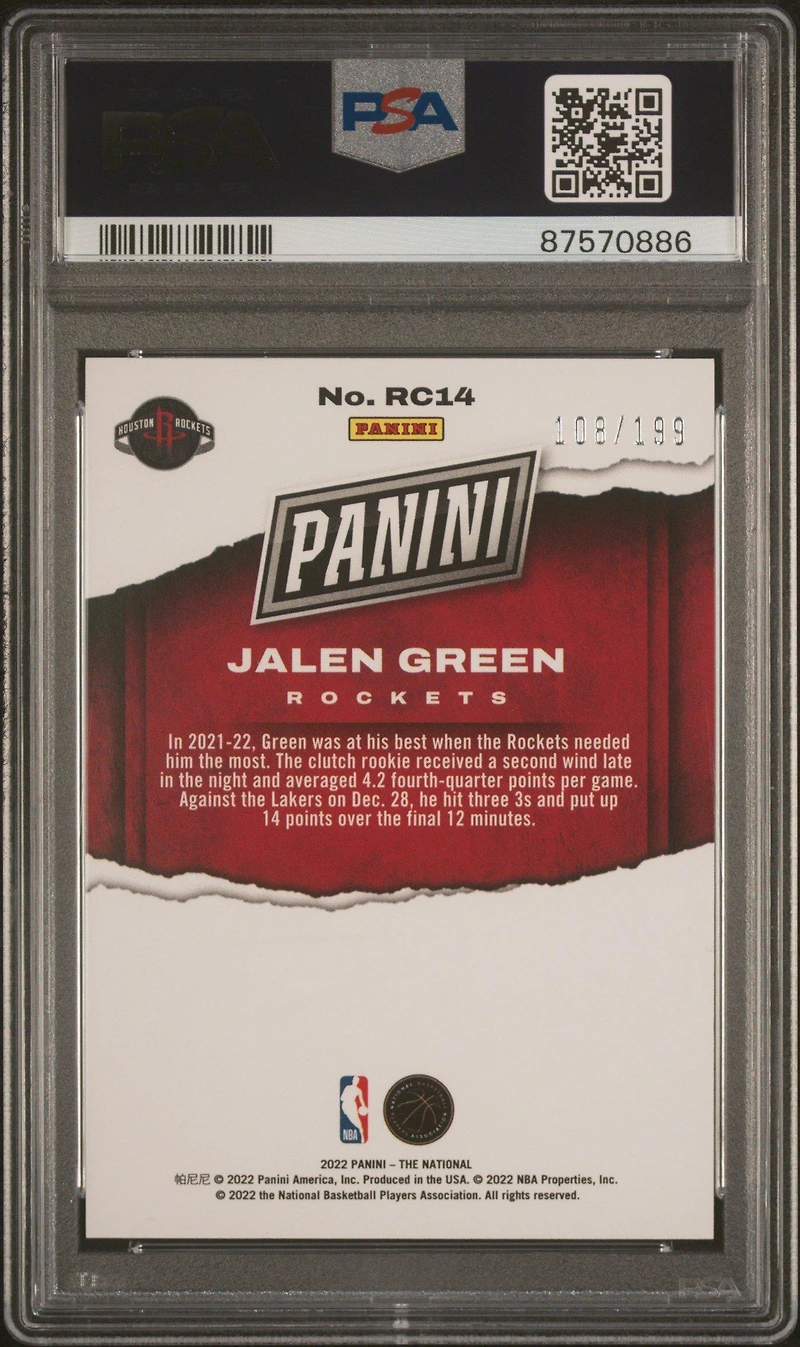 2022 Panini National Rookies Rc14 Jalen Green Orange PSA 10
