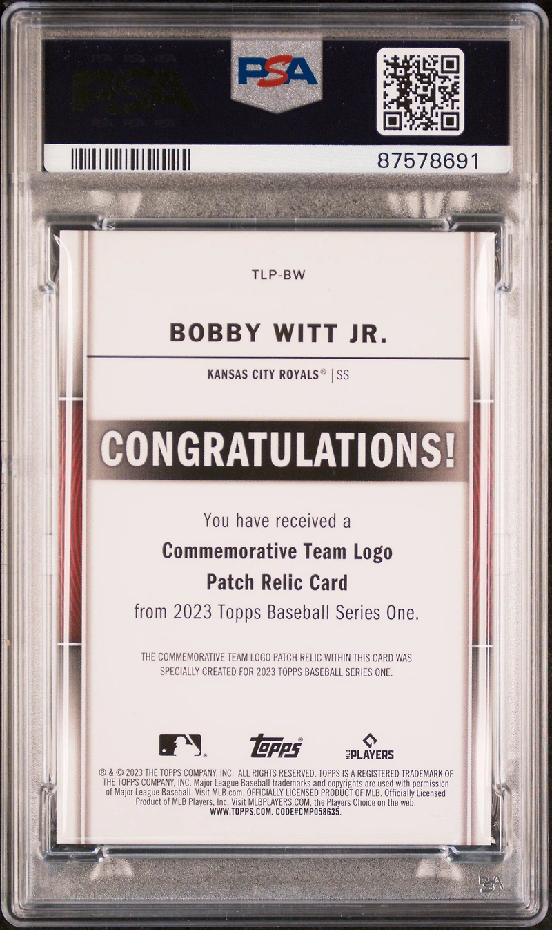 2023 Topps Team Logo Commemorative Patch Tlpbw Bobby Witt Jr. PSA 10