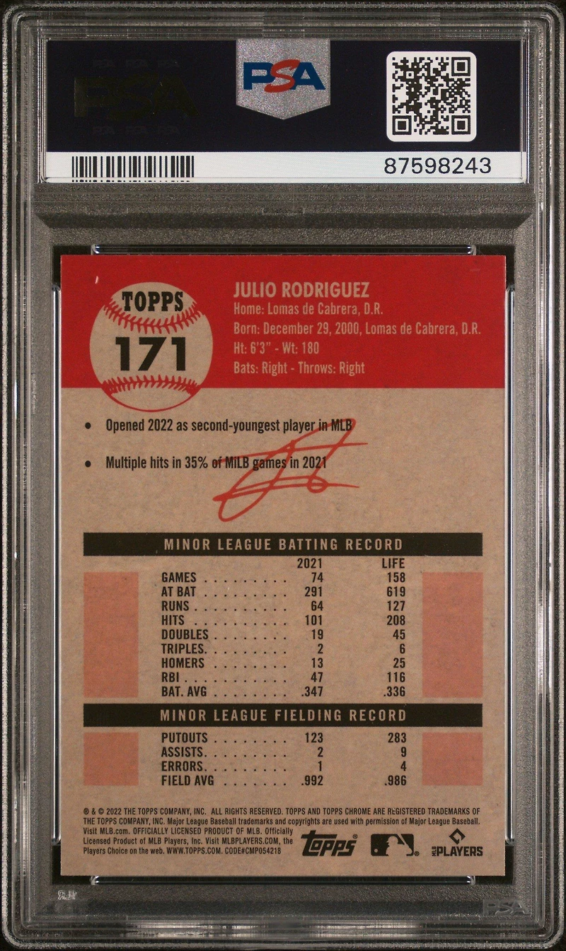 2022 Topps Chrome Platinum Anniversary 171 Julio Rodriguez PSA 10