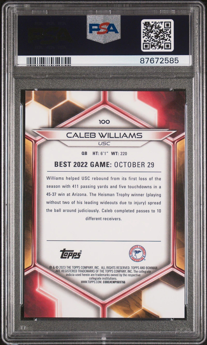 2023 Bowman University Best 100 Caleb Williams Pink Lava PSA 10