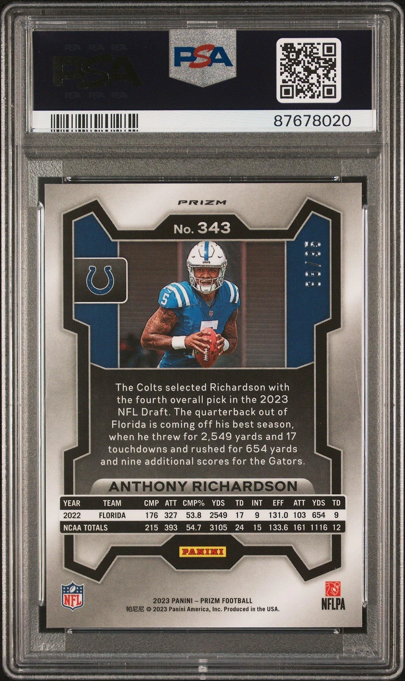 2023 Panini Prizm 343 Anthony Richardson No Huddle Blue PSA 10