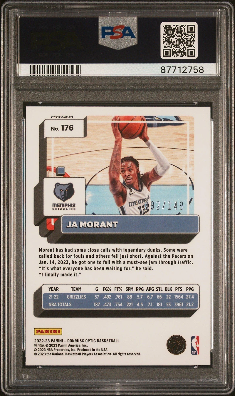 2022 Panini Donruss Optic 176 Ja Morant Lime Green PSA 9