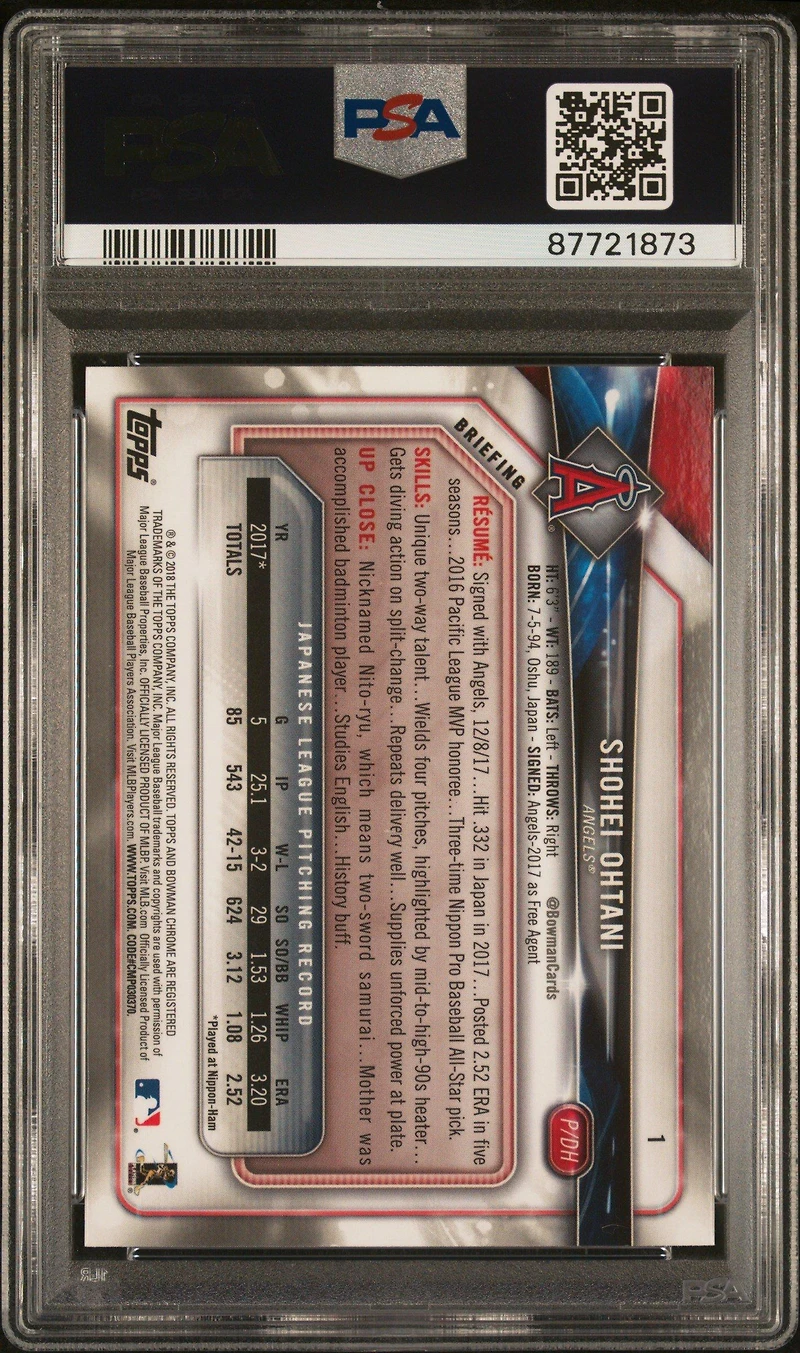 2018 Bowman Chrome 1 Shohei Ohtani Batting PSA 10