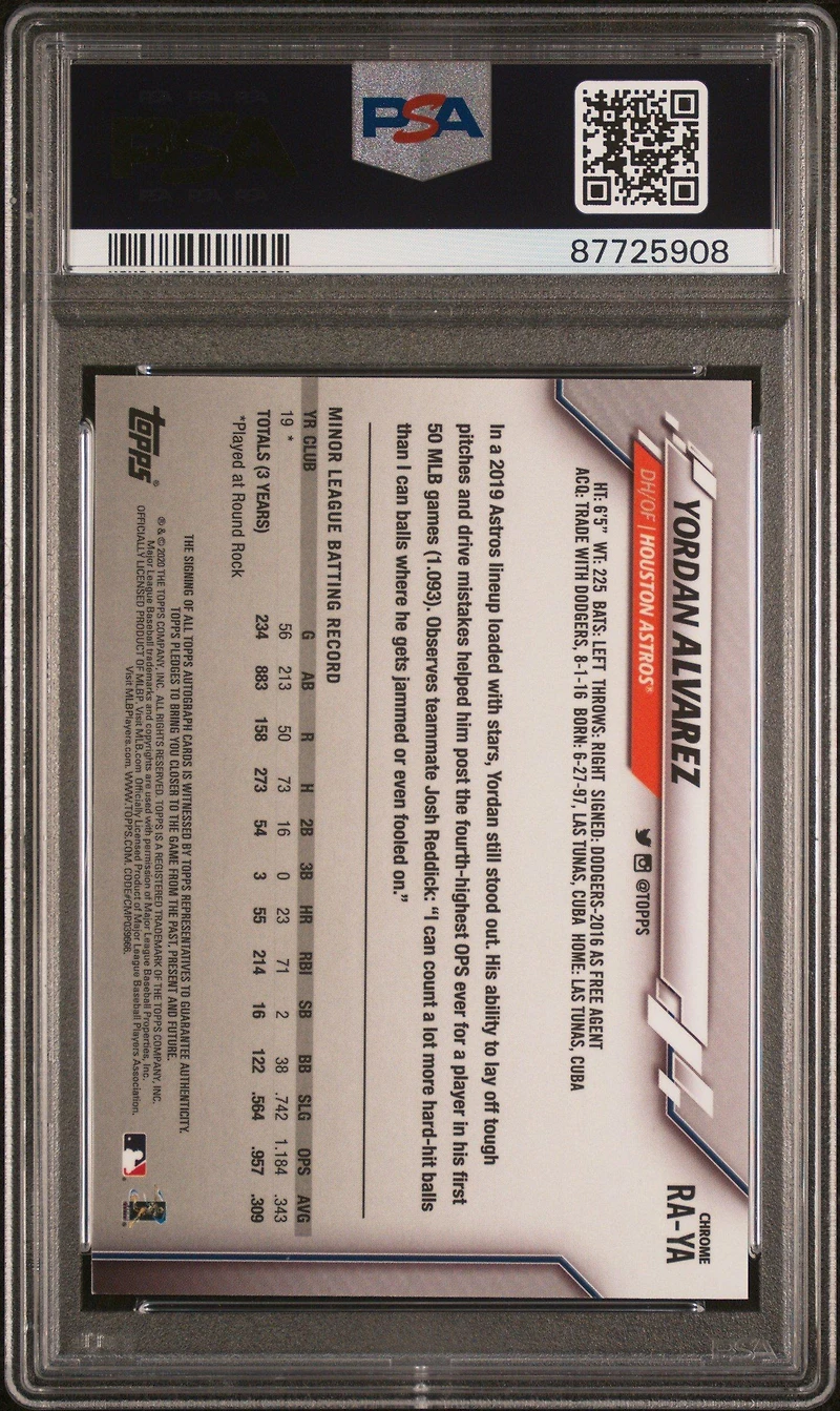 2020 Topps Chrome Rookie Autographs Raya Yordan Alvarez PSA