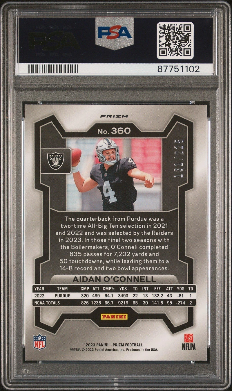 2023 Panini Prizm 360 Aidan O'connell Purple Ice PSA