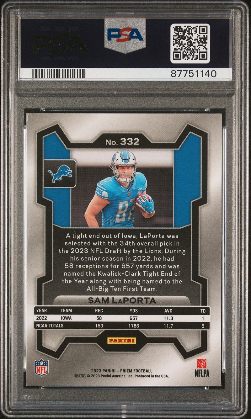 2023 Panini Prizm 332 Sam Laporta PSA 10