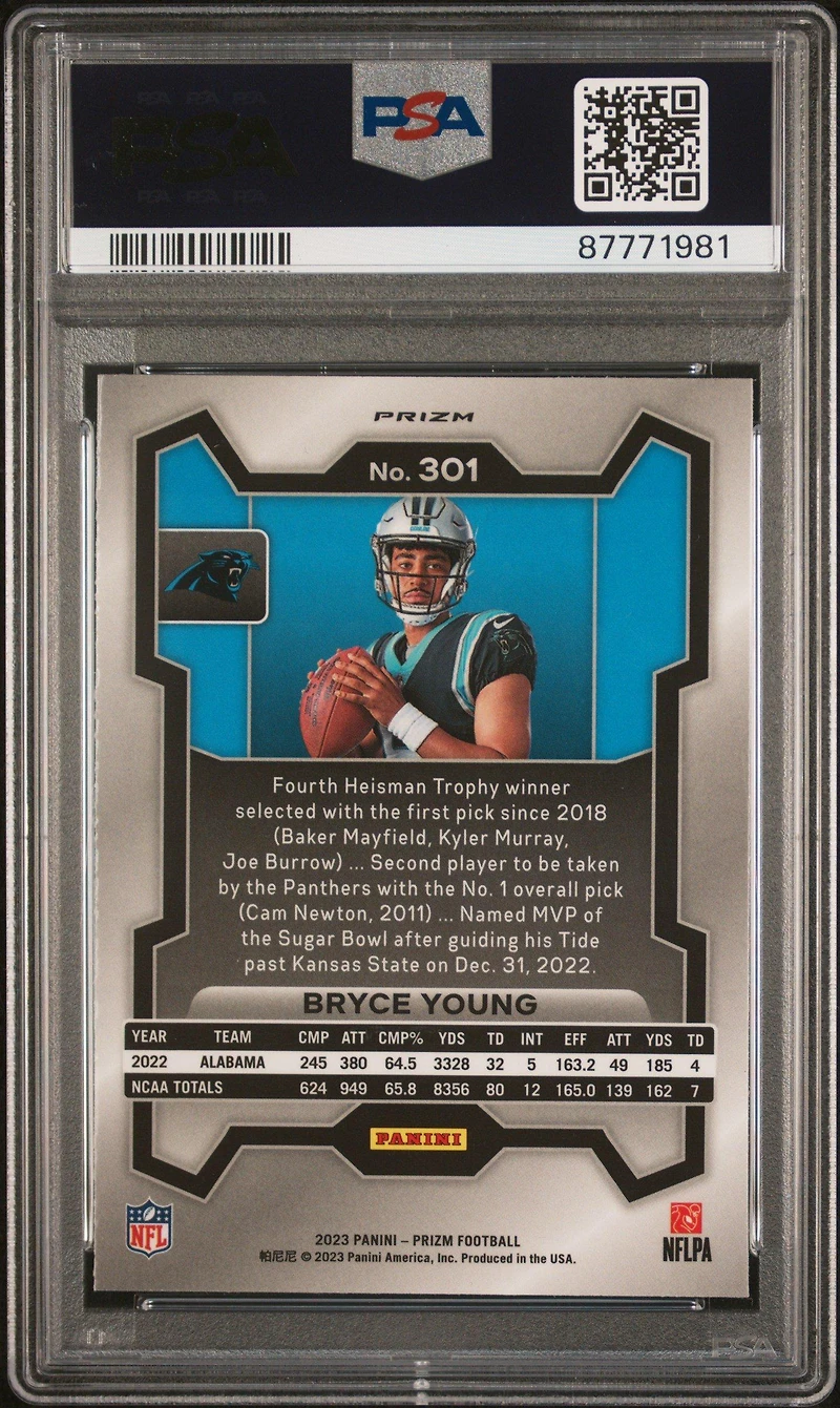 2023 Panini Prizm 301 Bryce Young Variation-no Huddle PSA 9