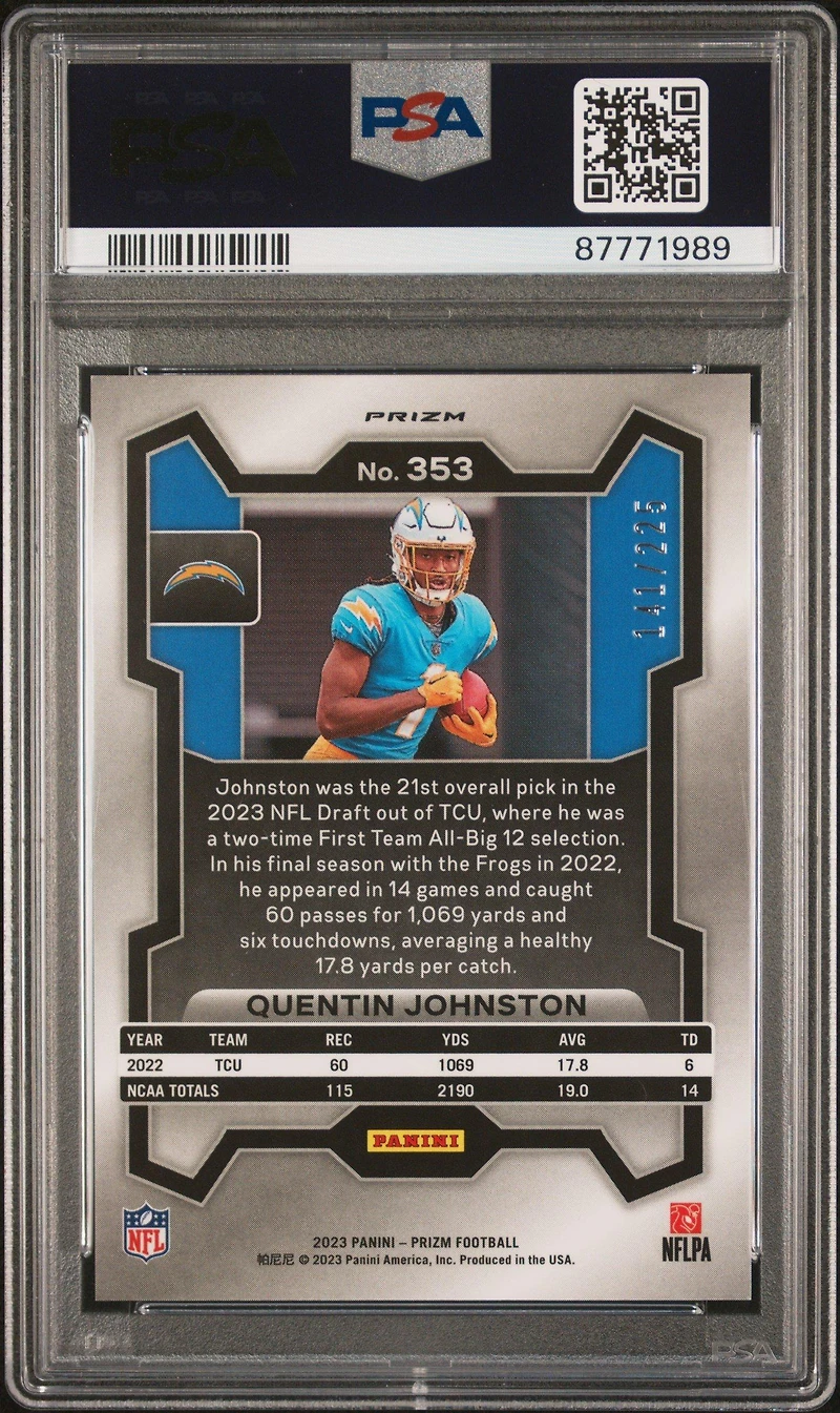 2023 Panini Prizm 353 Quentin Johnston Ice PSA 10