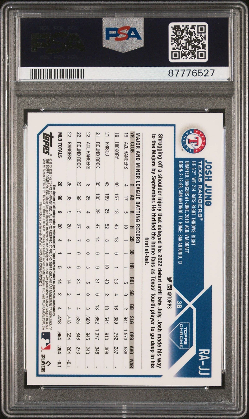 2023 Topps Chrome Rookie Autograph Rajj Josh Jung PSA 10