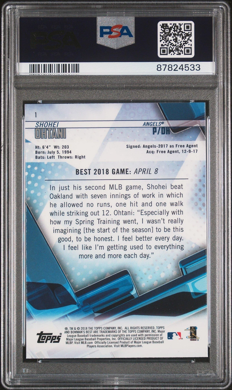 2018 Bowman's Best 1 Shohei Ohtani PSA 10