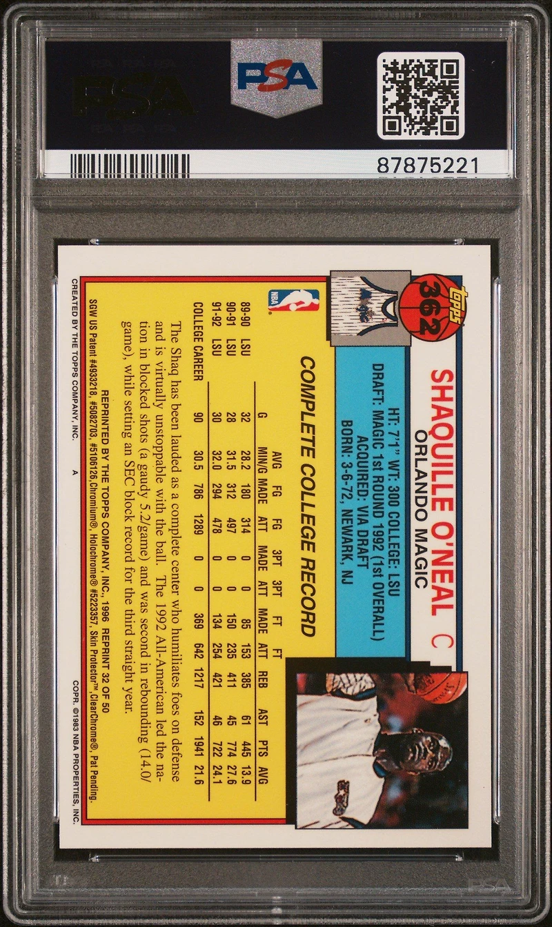 1996 Topps Finest Reprint 32 Shaquille O'neal PSA 9