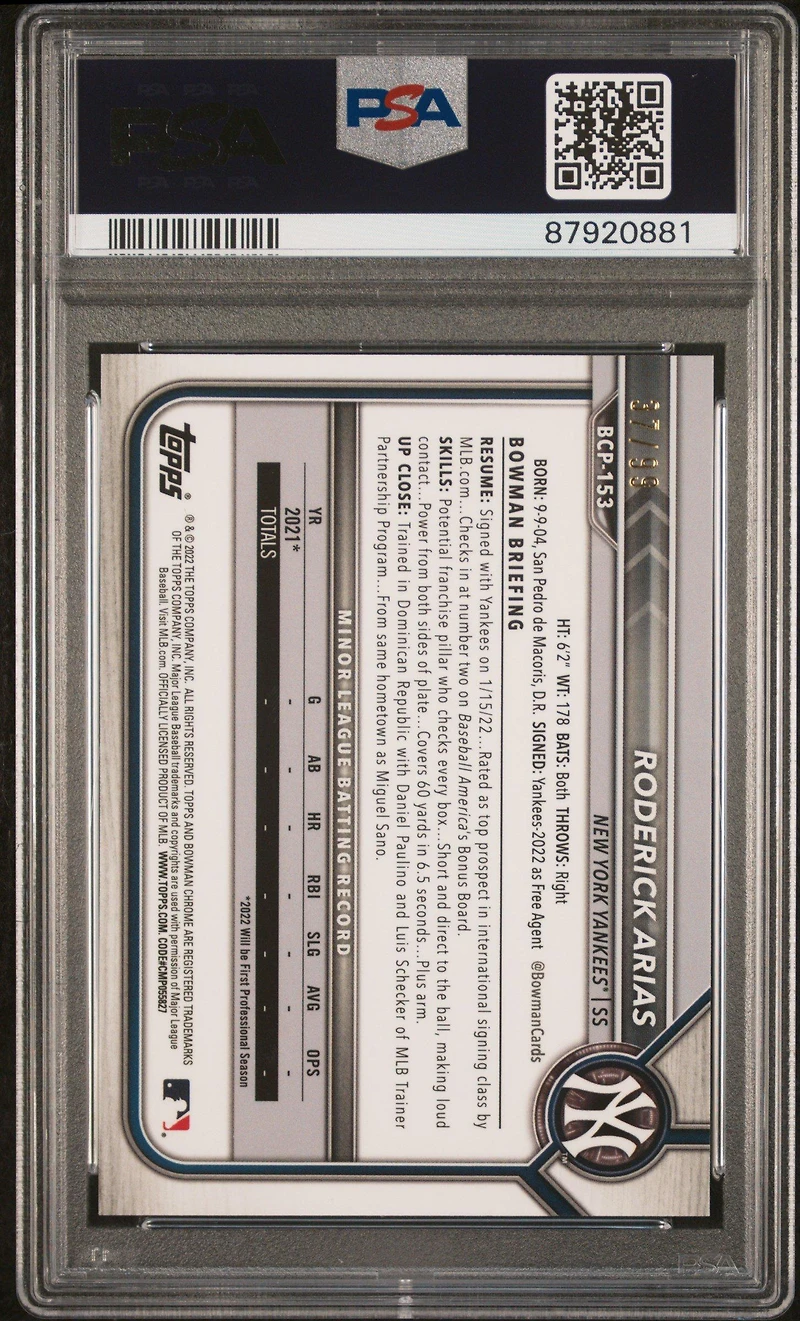 2022 Bowman Chrome Prospects Bcp153 Roderick Arias Green Refractor PSA 9