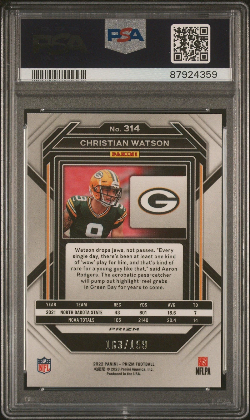 2022 Panini Prizm 314 Christian Watson Blue Wave PSA 10