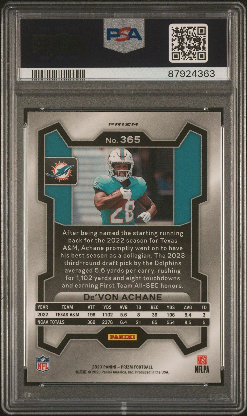 2023 Panini Prizm 365 De'von Achane Lazer Prizm PSA 10