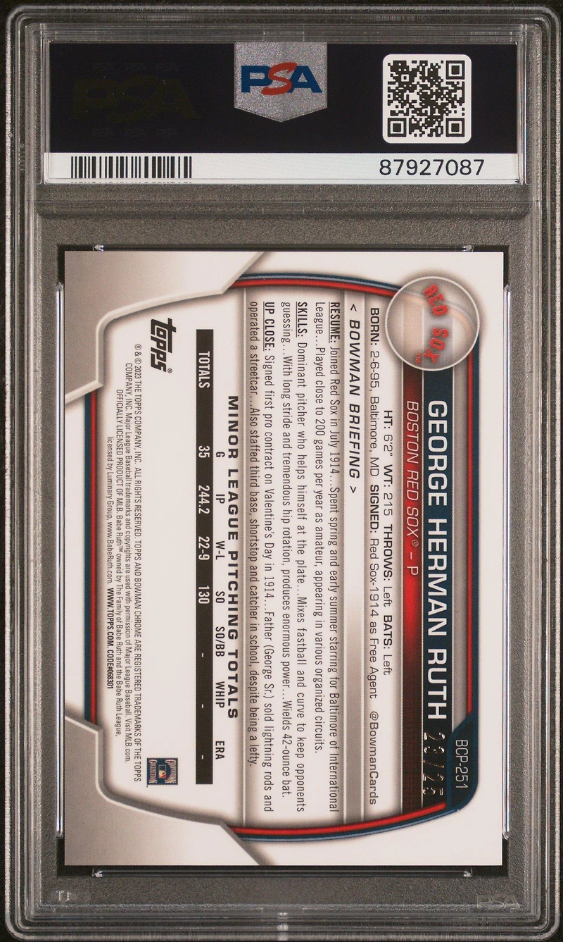 2023 Bowman Chrome Prospects Bcp251 George Herman Ruth PSA 9
