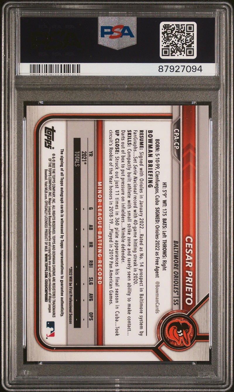 2022 Bowman Chrome Prospect Autographs Cpacp Cesar Prieto PSA 10
