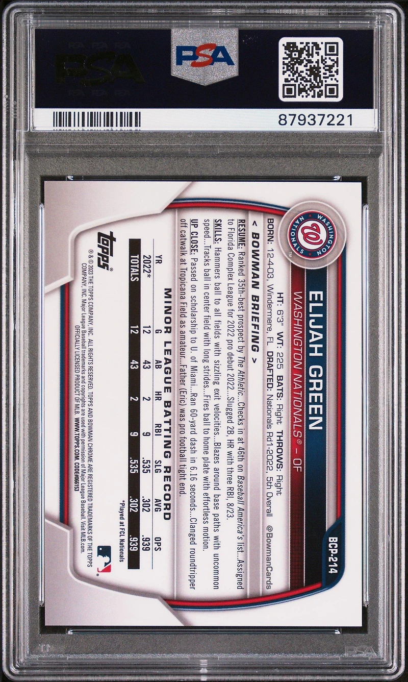 2023 Bowman Chrome Sapphire Edition Prospects 214 Elijah Green Aqua PSA 10