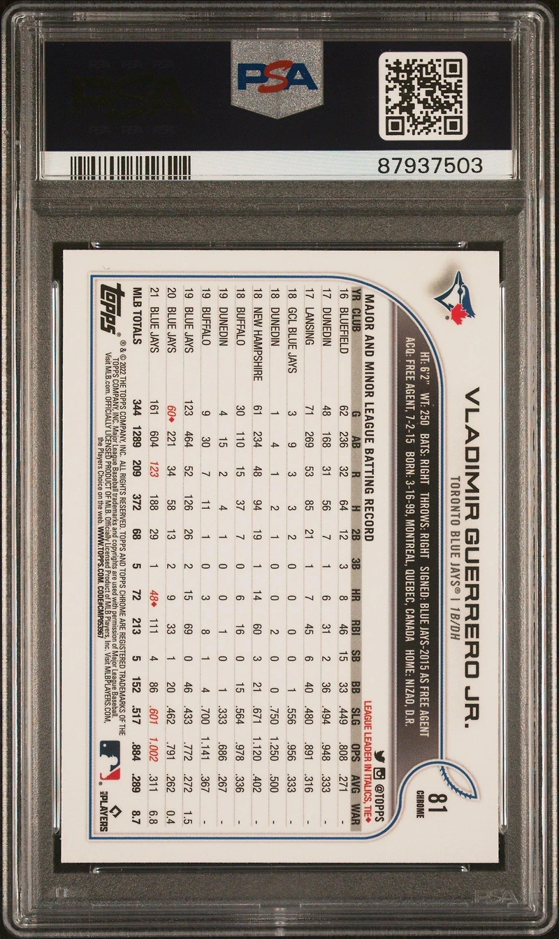 2022 Topps Chrome 81 Vladimir Guerrero Jr. Pink Refractor PSA 10