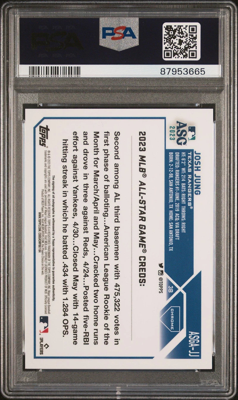 2023 Topps Chrome Update 2023 All-star Game Autograph Jj Josh Jung PSA 10