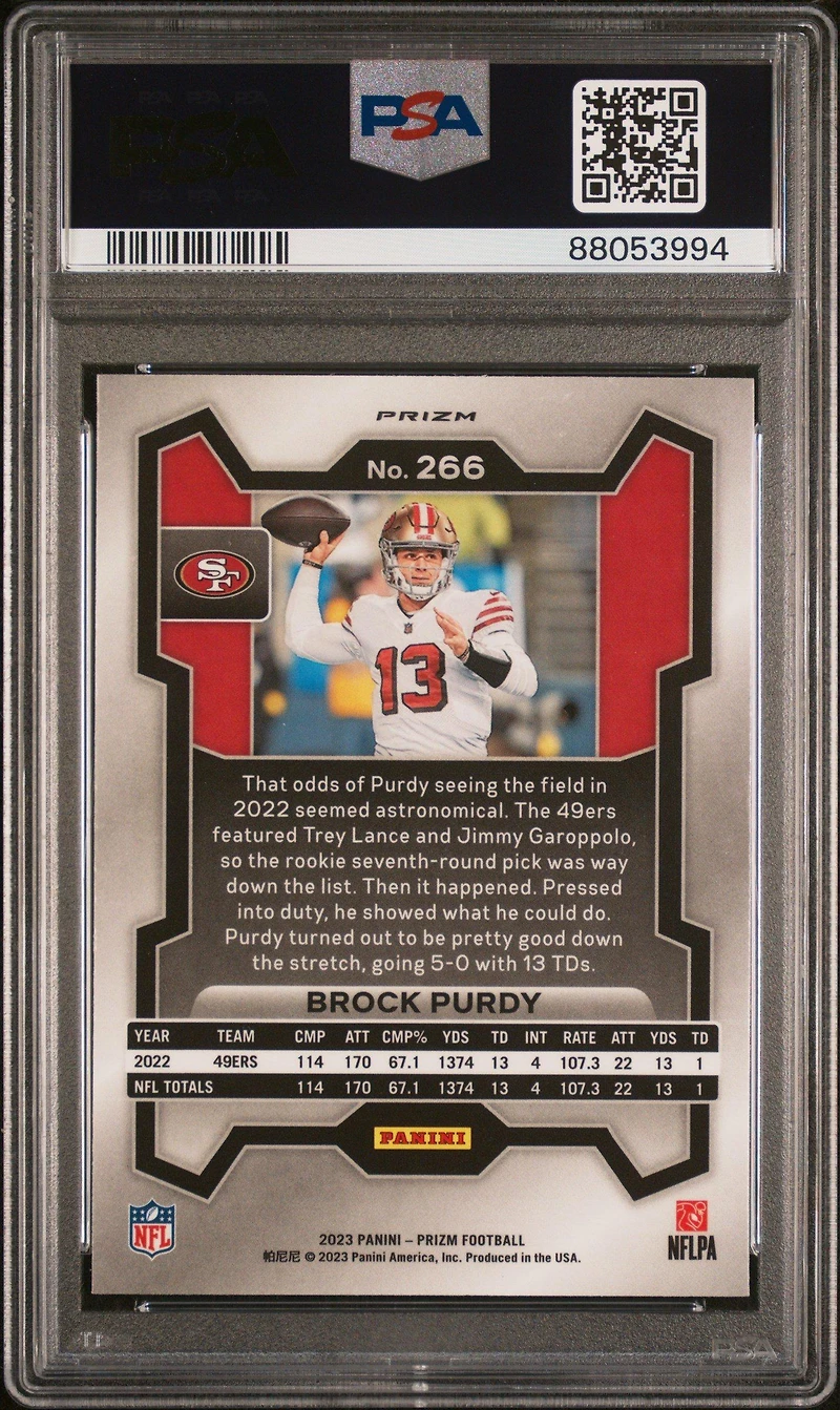 2023 Panini Prizm 266 Brock Purdy Purple Pulsar PSA 10