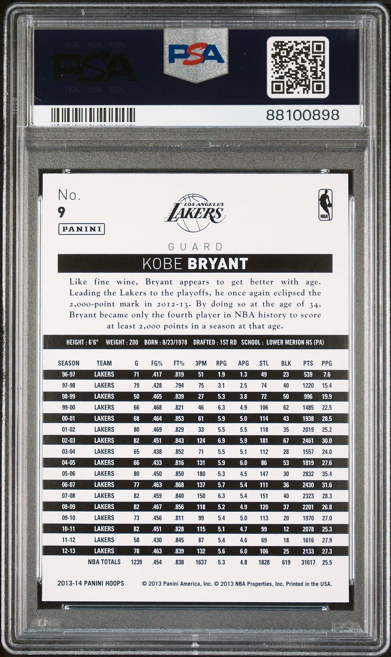 2013 Panini Hoops 9 Kobe Bryant Gold PSA 10