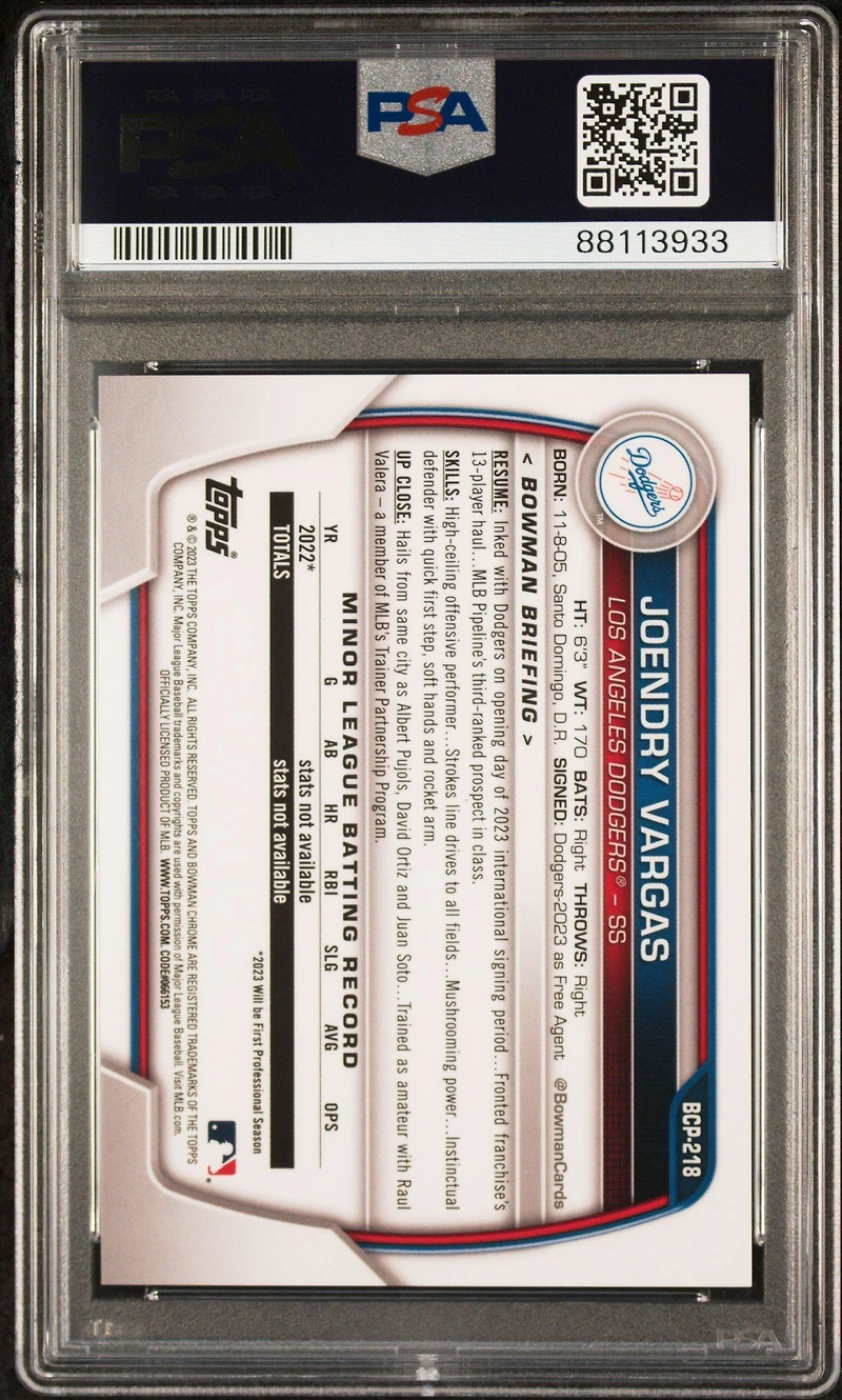 2023 Bowman Chrome Sapphire Edition Prospects 218 Joendry Vargas Orange PSA 10