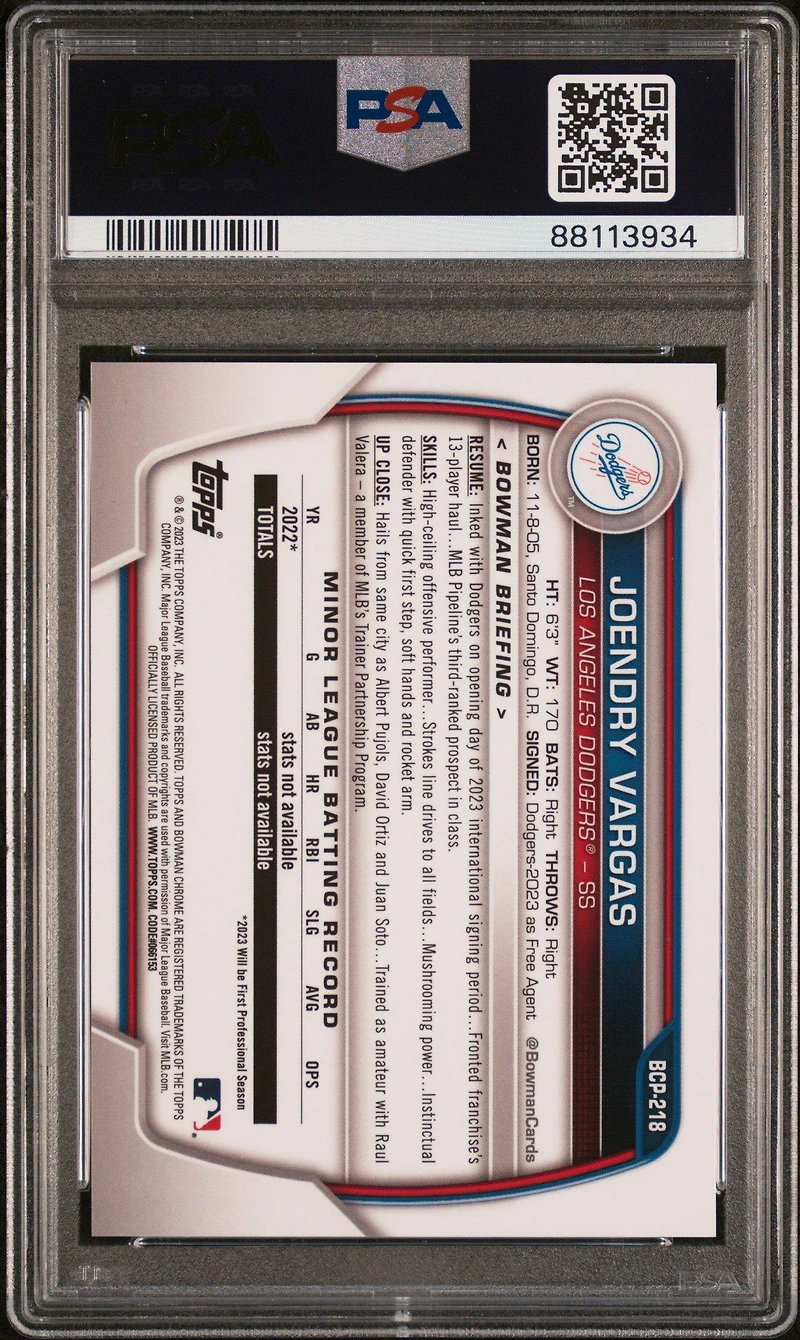 2023 Bowman Chrome Sapphire Edition Prospects 218 Joendry Vargas Yellow PSA 10