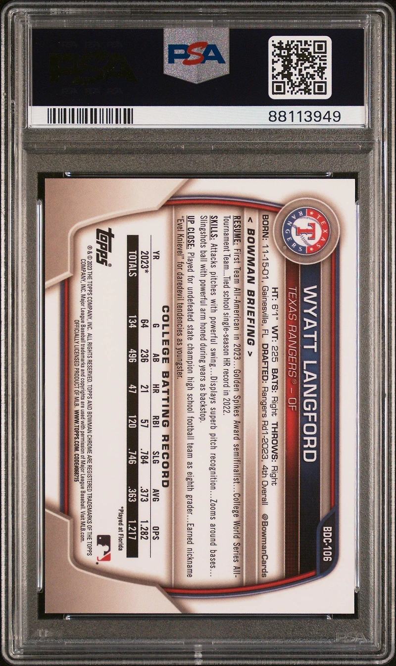 2023 Bowman Draft Bdc106 Wyatt Langford PSA 10