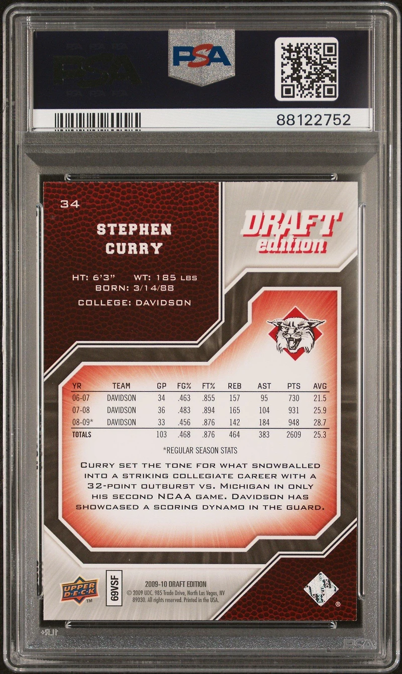 2009 Upper Deck Draft Edition 34 Stephen Curry PSA 9
