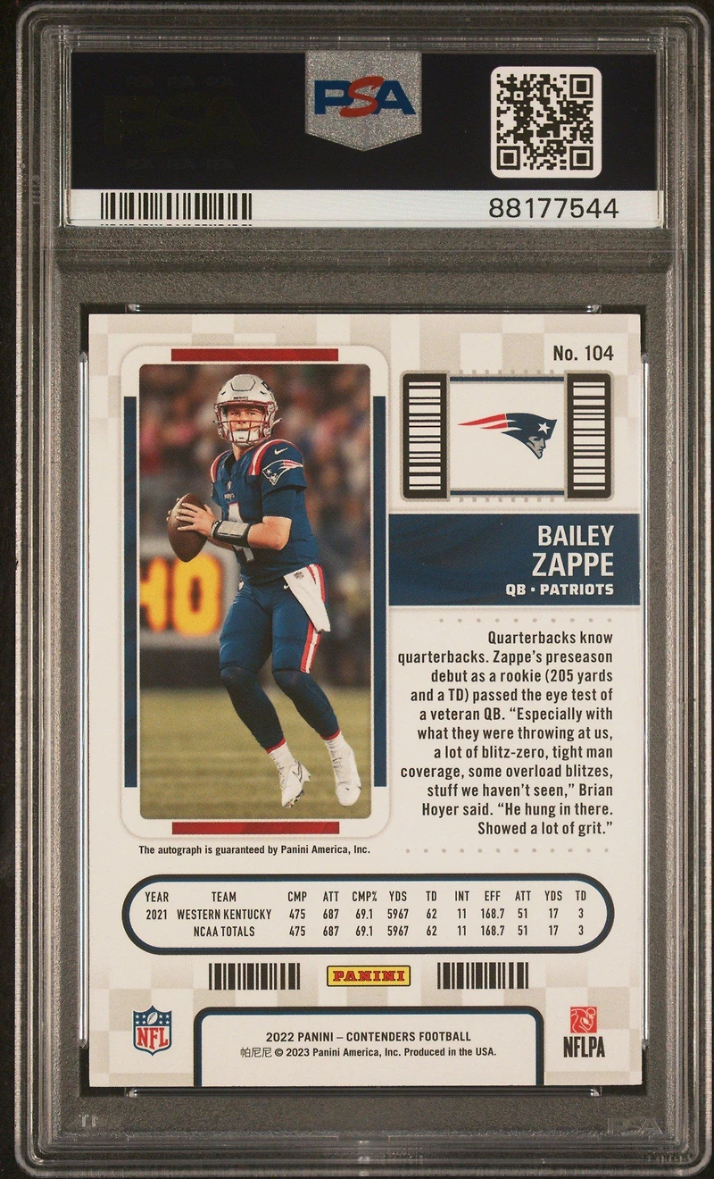 2022 Panini Contenders 104 Bailey Zappe Autograph PSA 10