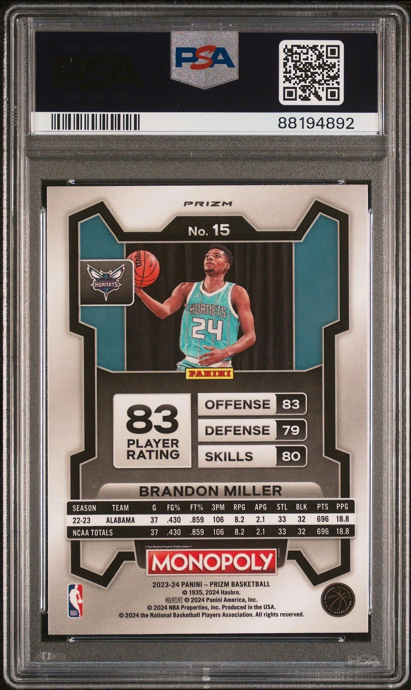 2023 Panini Prizm Monopoly 15 Brandon Miller Purple PSA 10