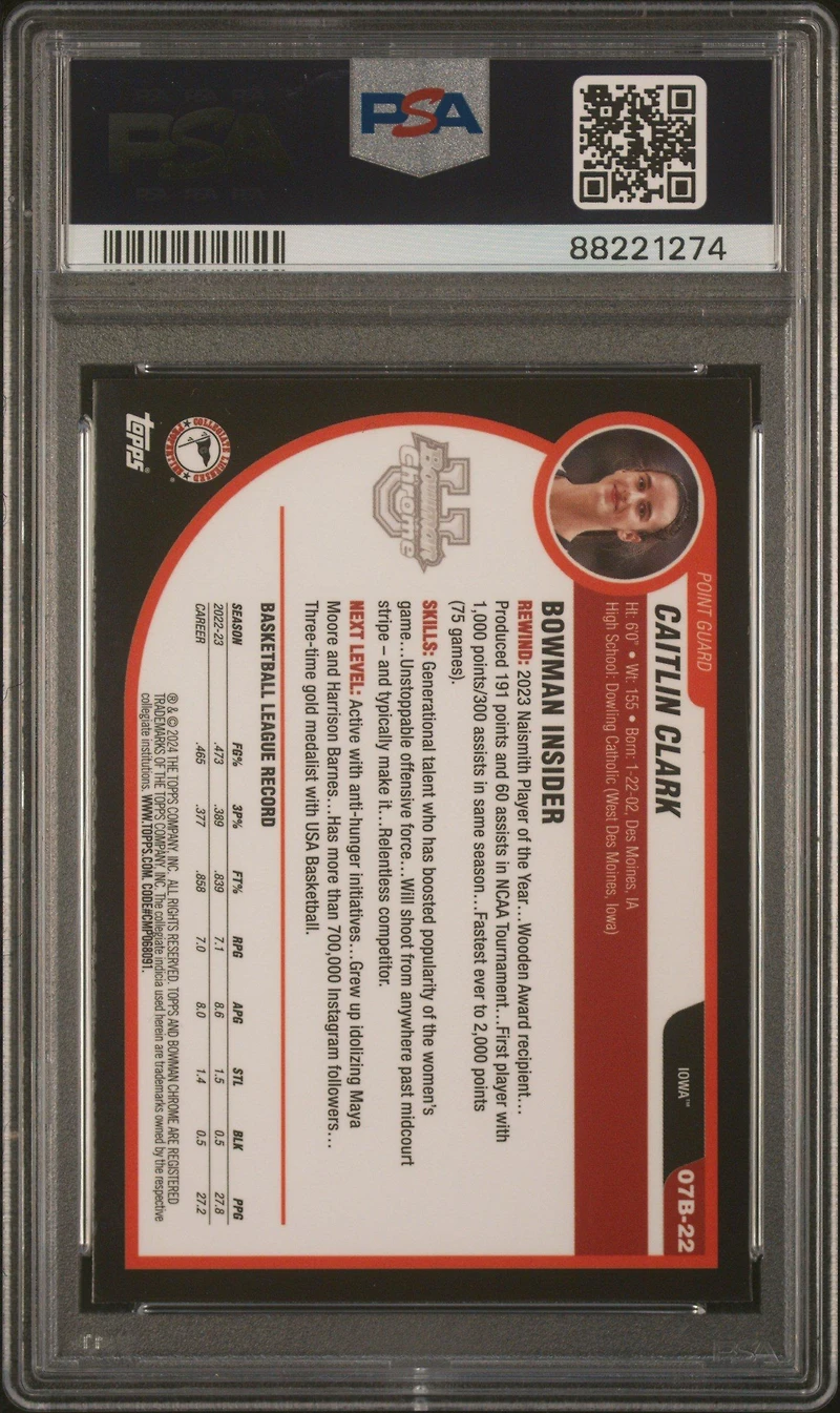 2023 Bowman University Chrome 2007-08 Bowman 07b22 Caitlin Clark PSA