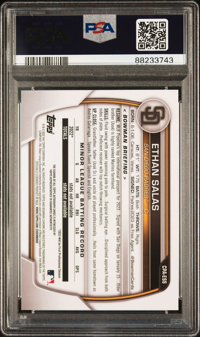 2023 Bowman Chrome Prospect Autographs Cpaess Ethan Salas Purple Refractor PSA 9