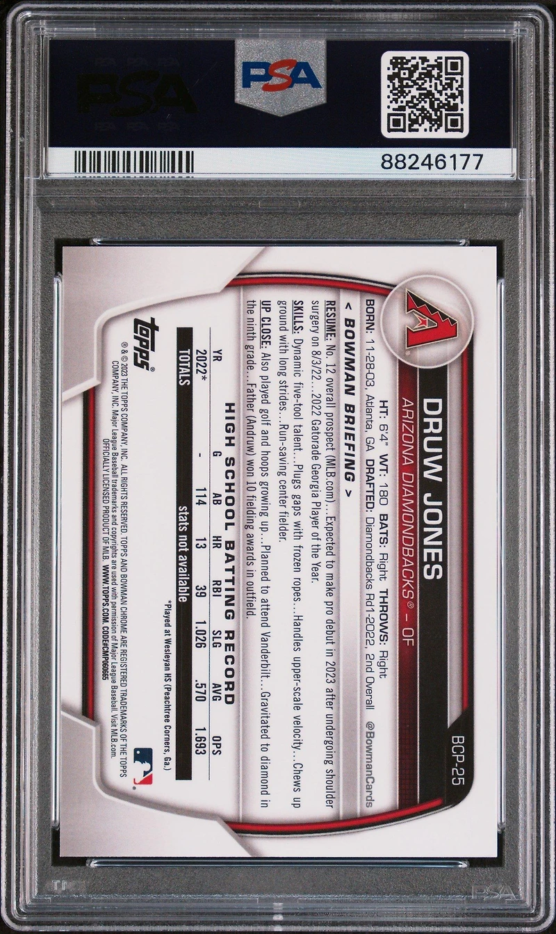 2023 Bowman Chrome Prospects Bcp25 Druw Jones Blue Shimmer PSA 10