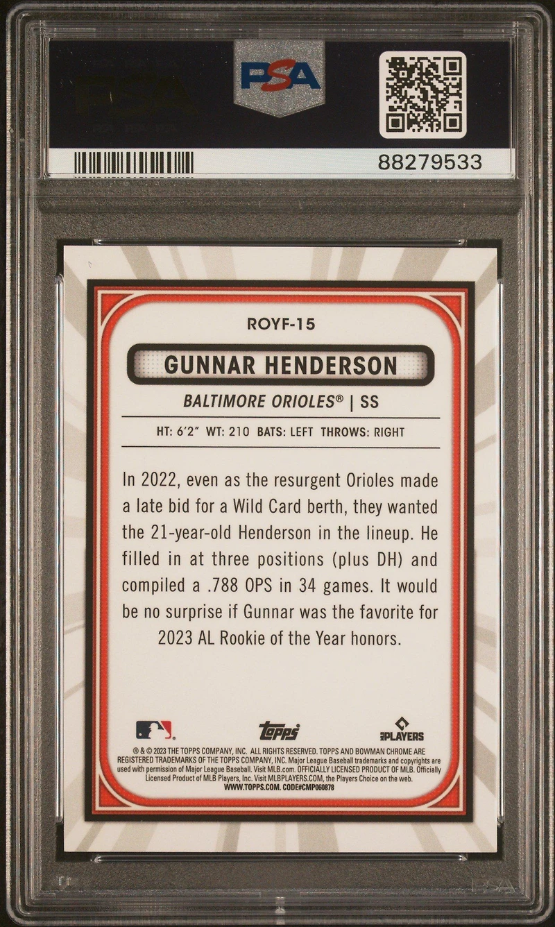 2023 Bowman Mega Box Chrome Roy Favorites 15 Gunnar Henderson Purple Refractor PSA 10