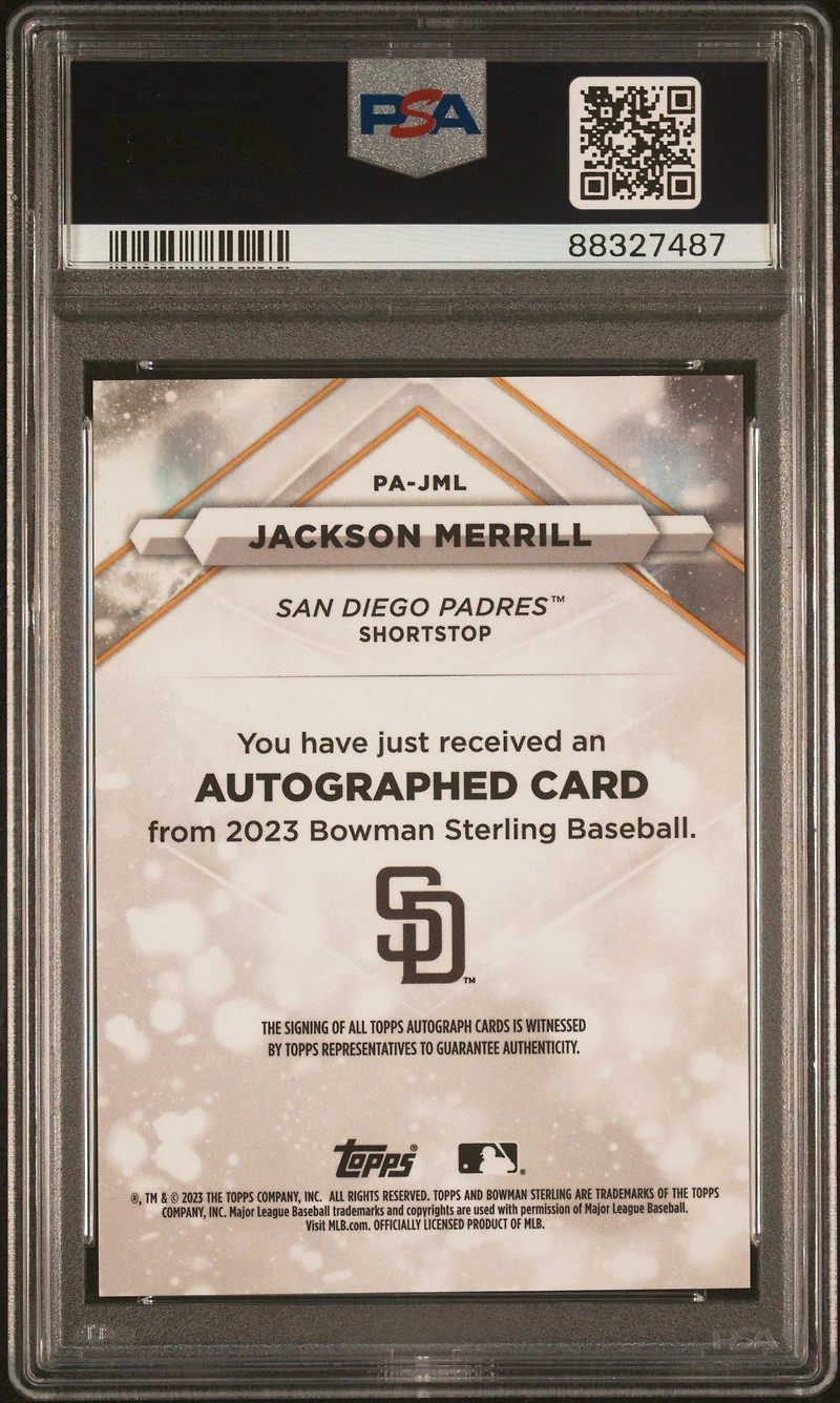 2023 Bowman Sterling Prospect Autographs Pajml Jackson Merrill PSA 10