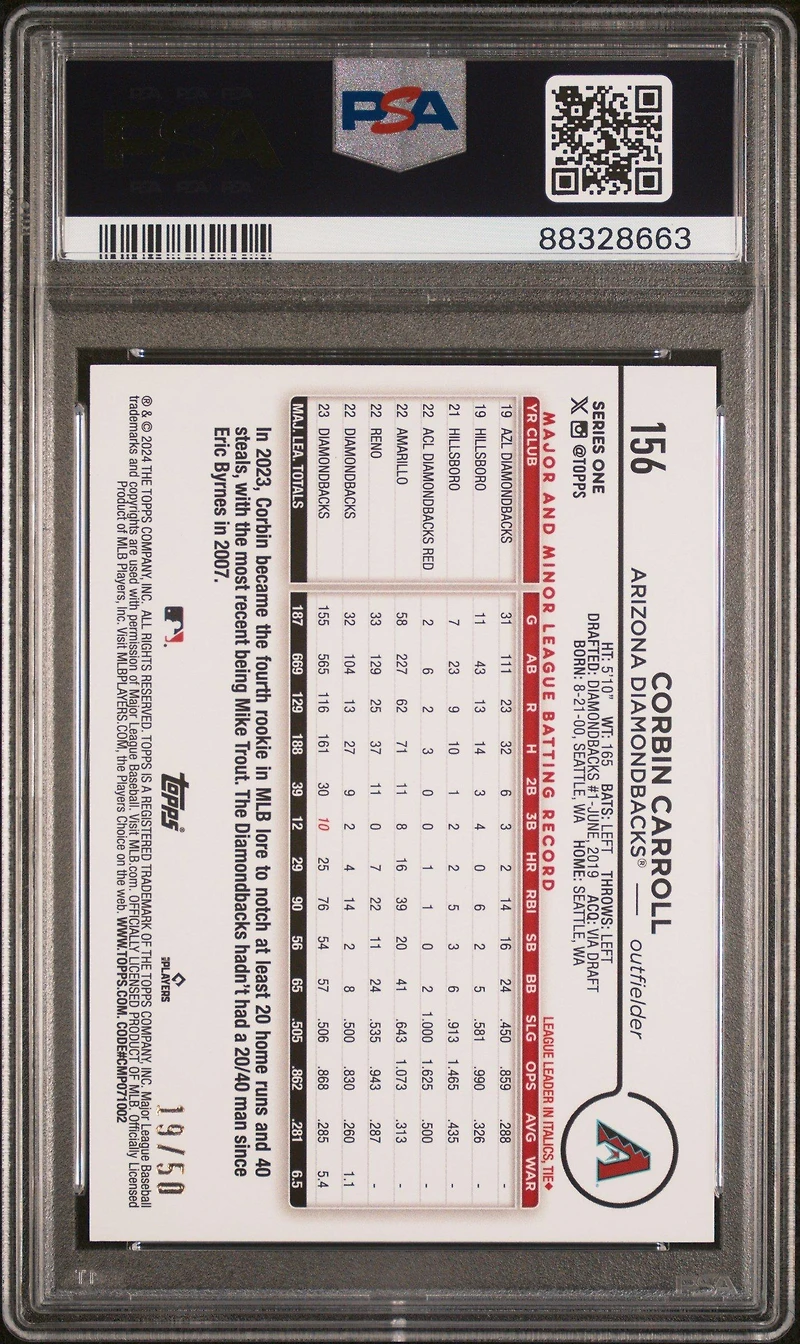 2024 Topps 156 Corbin Carroll Yellow Crackle Foil Board PSA 10