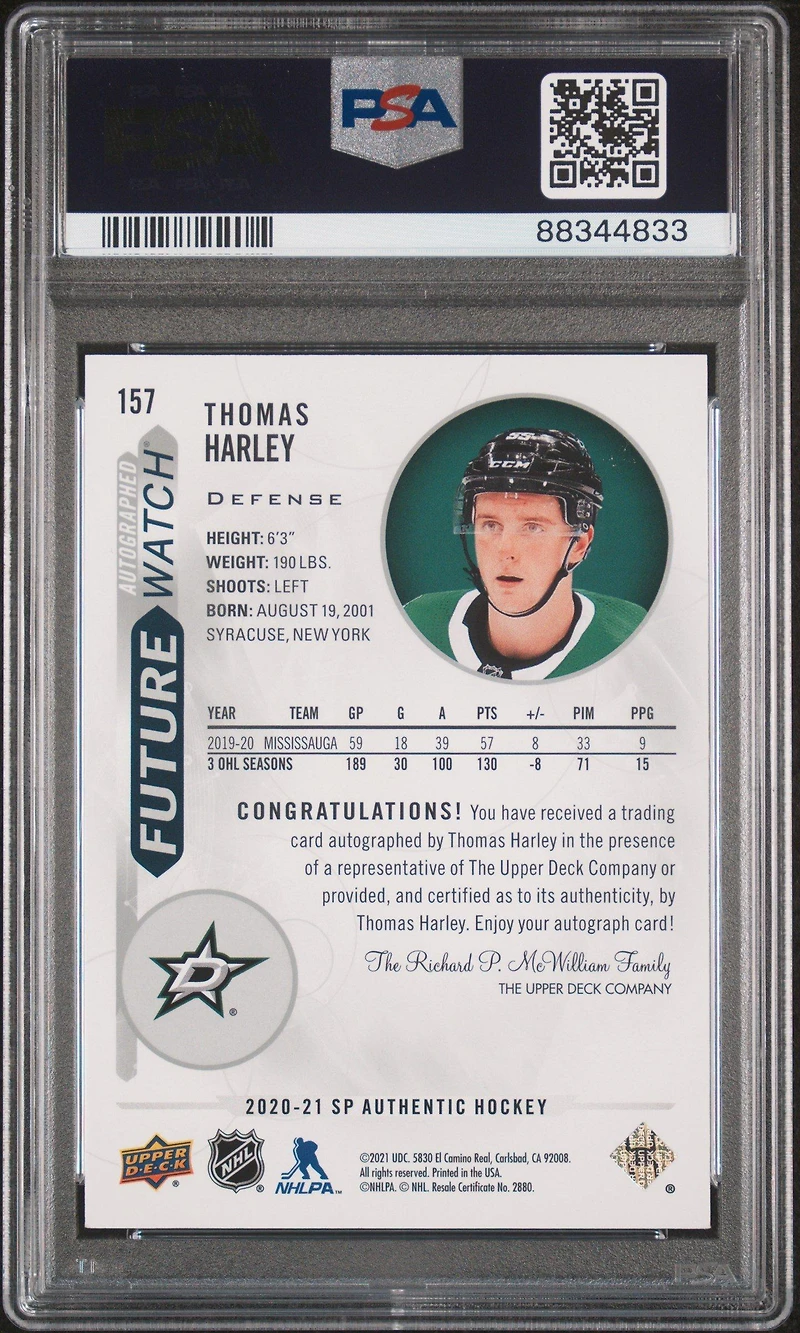 2020 Sp Authentic 157 Thomas Harley Autograph PSA 9