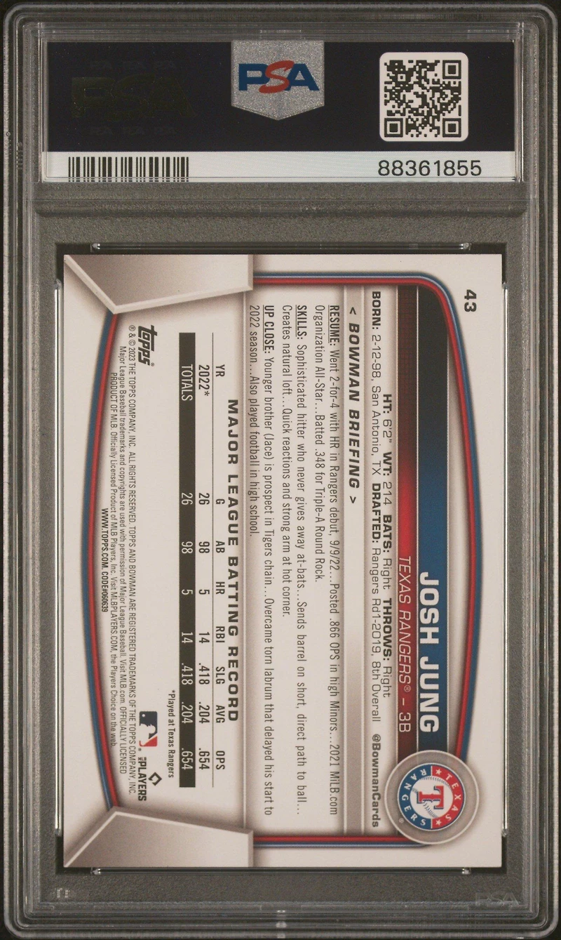 2023 Bowman 43 Josh Jung Purple Pattern PSA 9