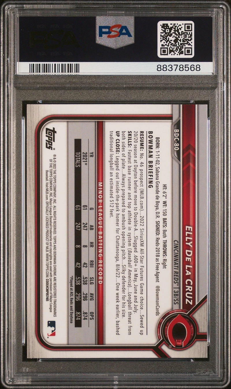 2022 Bowman Draft Chrome Sapphire Edition Bdc80 Elly De La Cruz PSA 9