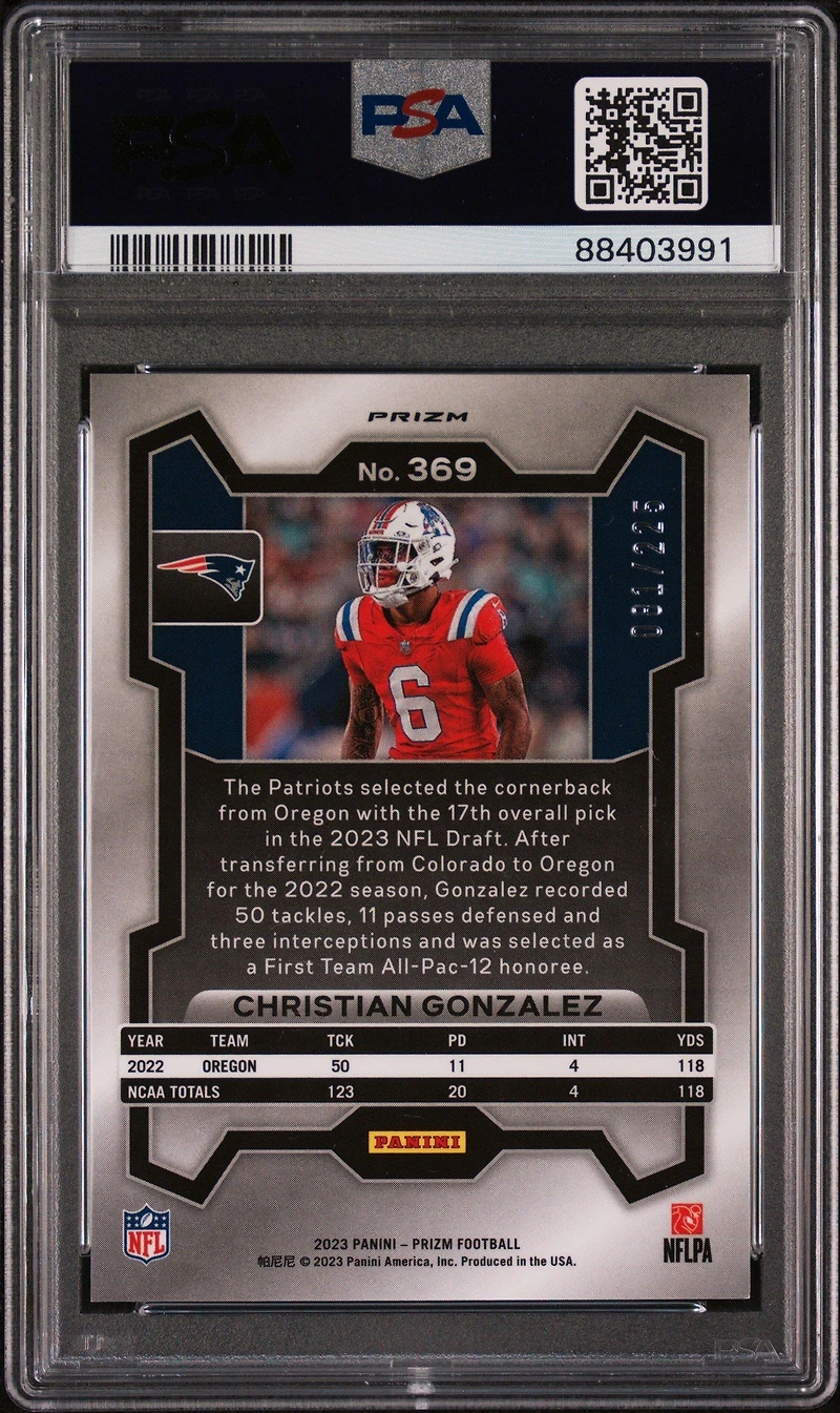 2023 Panini Prizm 369 Christian Gonzalez Purple Ice PSA 10