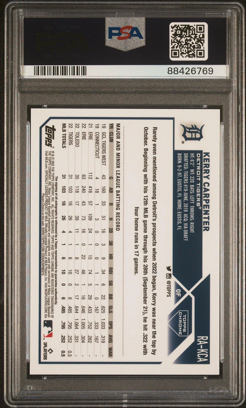 2023 Topps Chrome Rookie Autograph Rakca Kerry Carpenter PSA 10