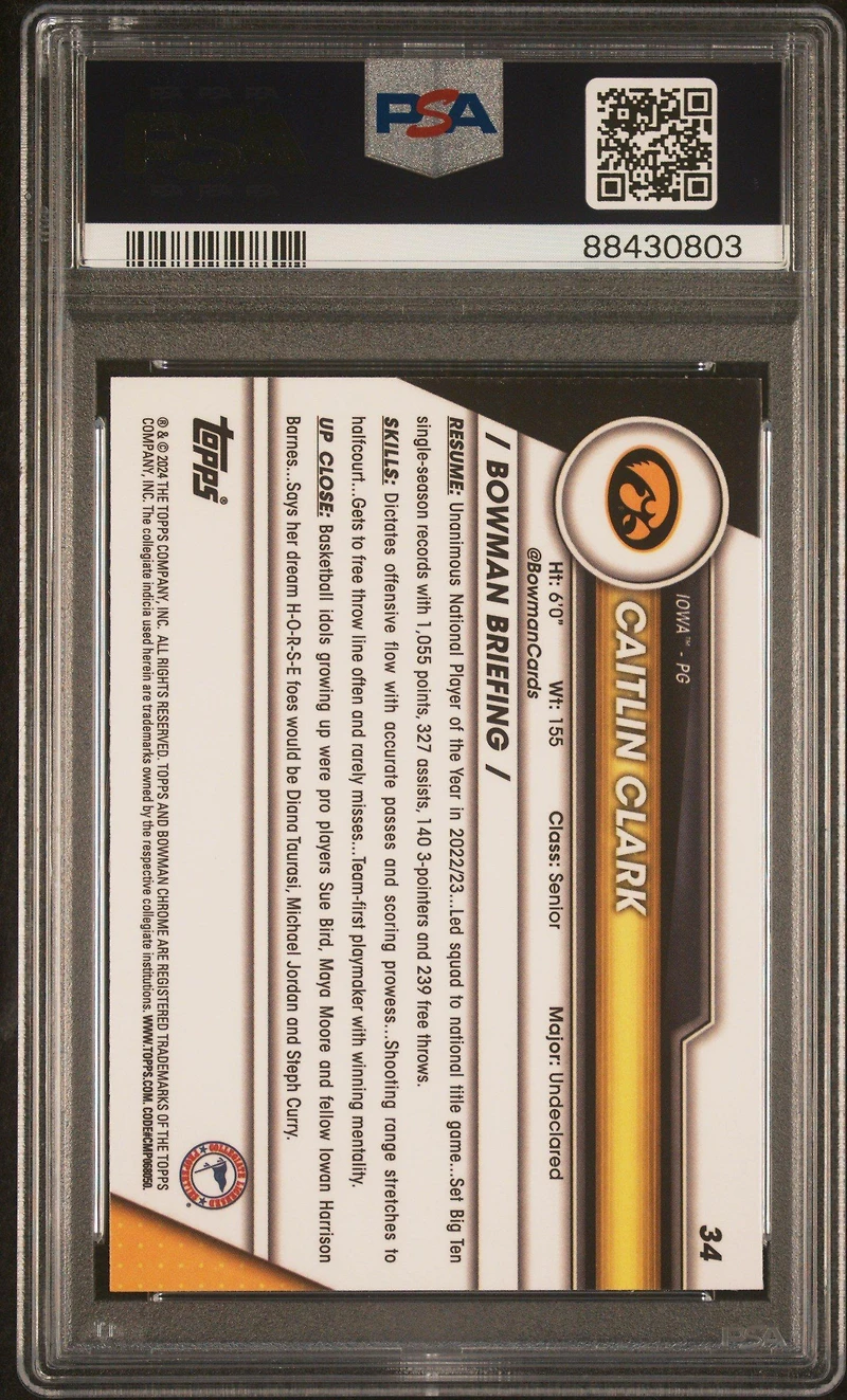 2023 Bowman University Chrome 34 Caitlin Clark Pink Refractor PSA