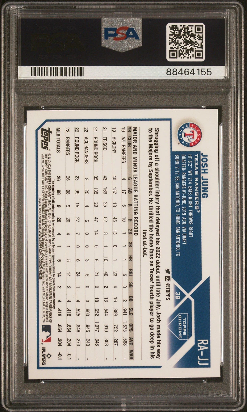2023 Topps Chrome Rookie Autograph Rajj Josh Jung PSA 10