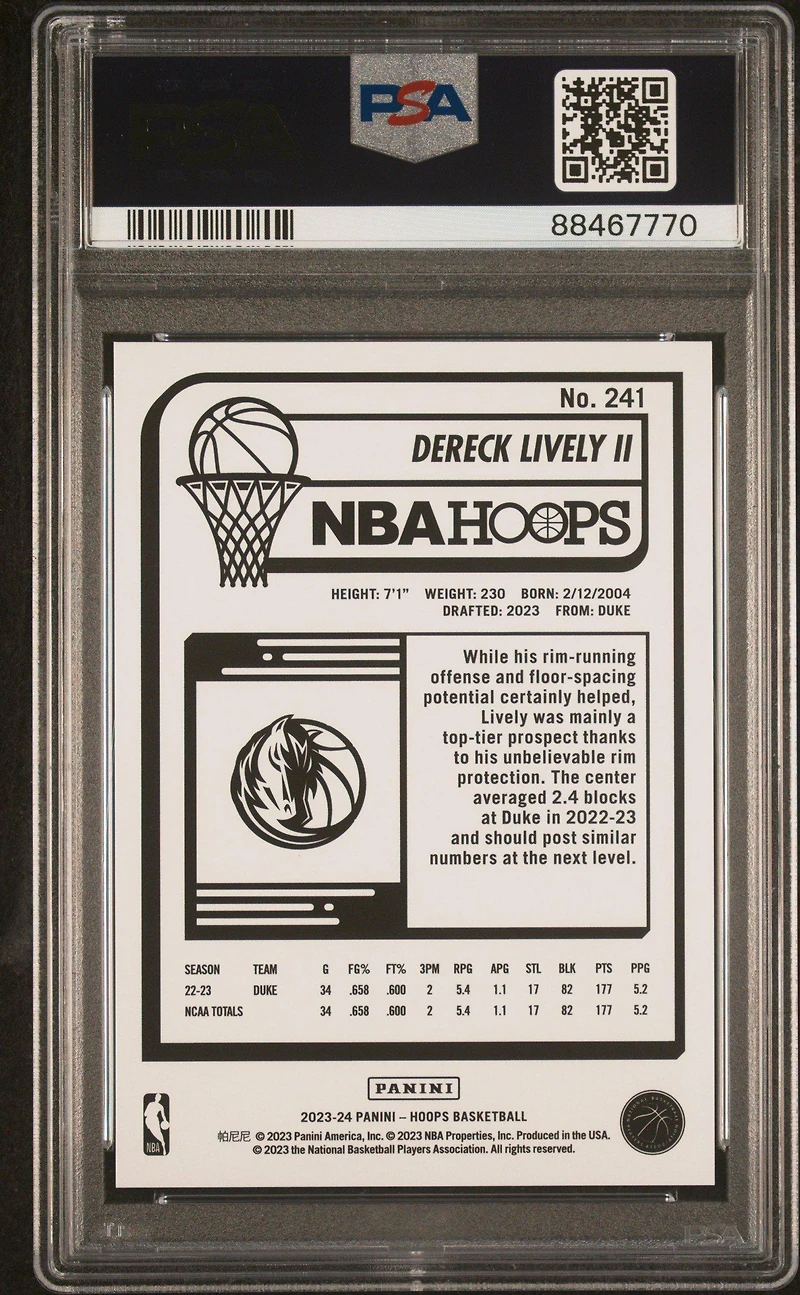 2023 Panini Nba Hoops 241 Dereck Lively Ii PSA 10